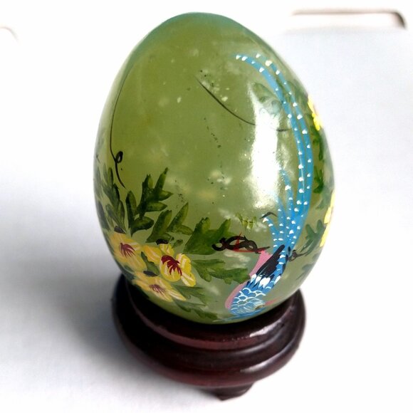 Vintage Chinese Jade Green Egg Trio Hand Painted Stones w/Stands - Picture 10 of 15